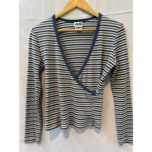 Jalate Limited Deep V Neck Cream and Blue Striped Top Size Large